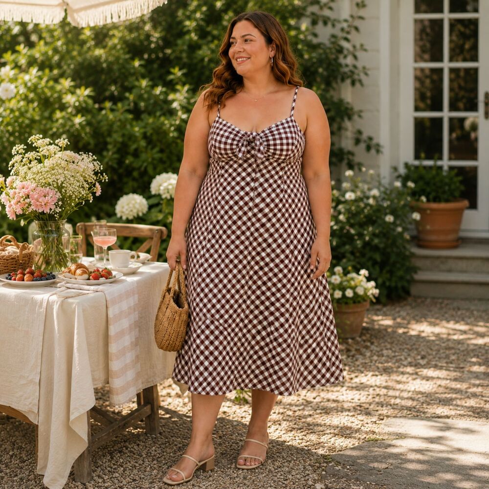 A New Day XXL Brown Gingham Bow Front Midi A Line Dress Pockets Cotton Rayon